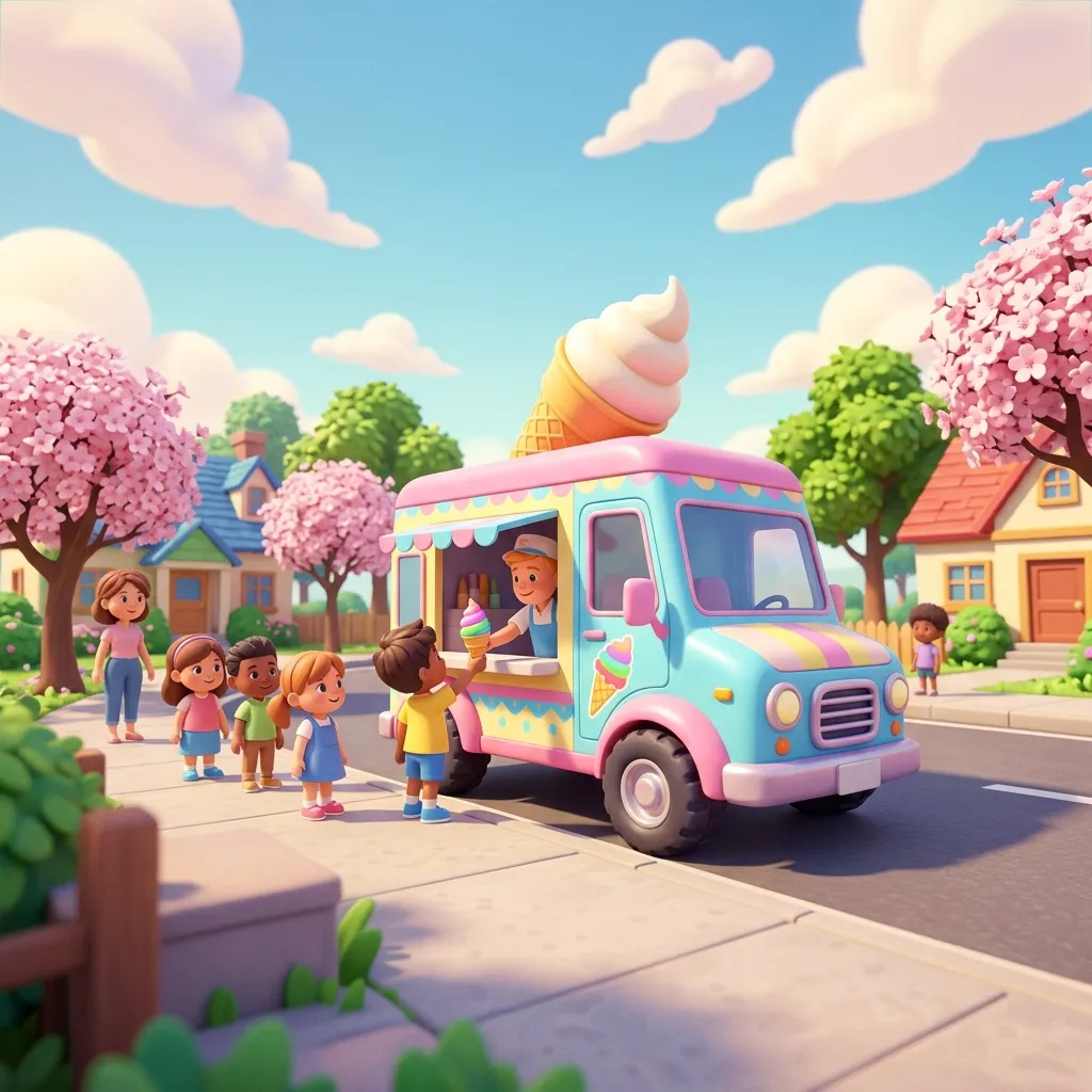 Smiling server handing an ice cream to a happy child from a vintage ice cream van
